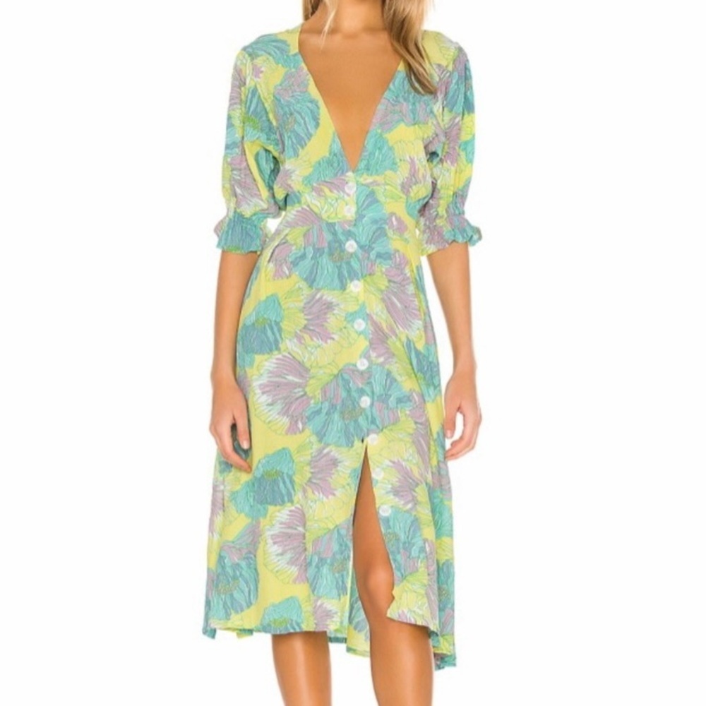 Faithfull the Brand Green and Blue Puff Sleeve Sundress